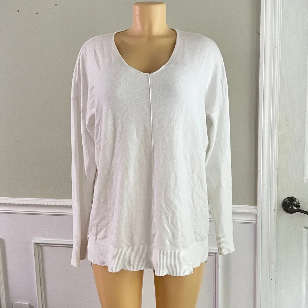 Jouica‎ V-Neck Sweater Womens 2XL White Long Sleeve Side Slits High-Low Pullover